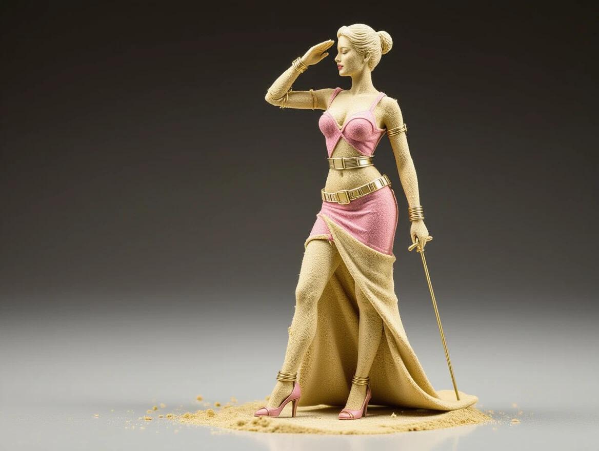 A miniature ultra-realistic female figure crafted from beige and pink melted sand. It stands in a classic military pose with a hand saluting. The sculpture shows intricate details. It has a beautiful silhouette and high heels. The figure features a belt and continuous curves. It has a charming handmade quality with visible wire joints.