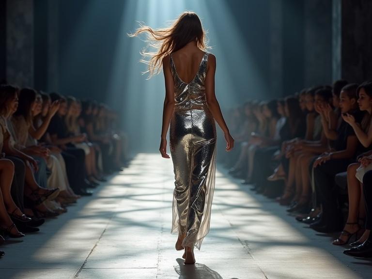 Woman walks down a runway wearing a reflective silver dress. Light shines dramatically down on her as she moves past a seated audience. Shadows and details of the setting create a beautiful atmosphere. Realistic textures of the dress and surroundings enhance the scene.