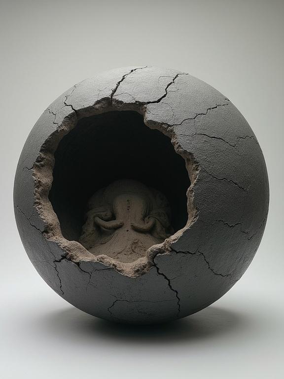 Sculpture of a human figure inside a large cracked matte textured ball. The ball is smooth with cracks revealing part of the figure. The human form is stylized and abstracted. The display emphasizes texture and artistic design.