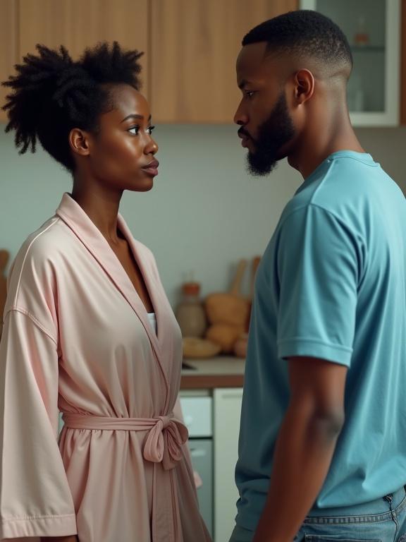A woman with short natural hair in a pink robe confronts a man with low-cut hair dressed in a sky blue shirt and jean shorts. They are in a kitchen with coffee steam rising between them. The scene showcases their emotional connection.
