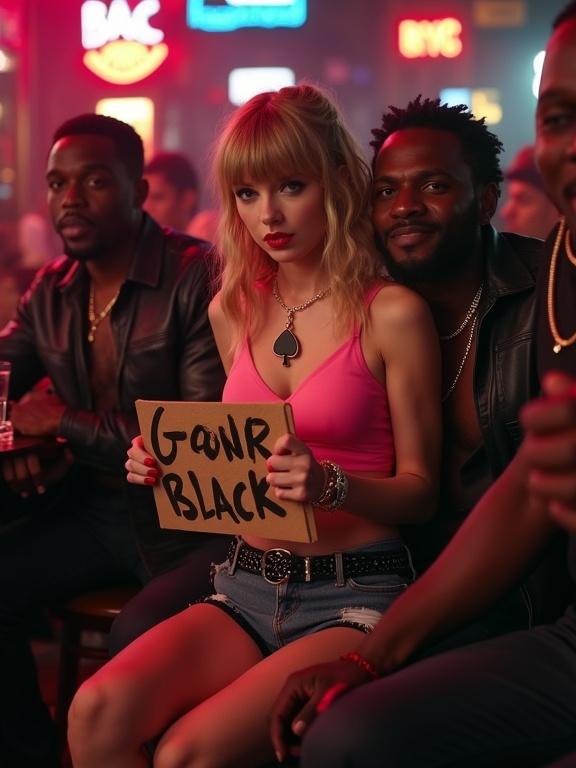 Taylor Swift films a music video scene in a dive bar at night. Attractive woman has pink crop top, deep cleavage, and wears cutoff daisy duke shorts. She holds a sign that says 'Gone BLACK'. Sitting next to two large men. The scene has a nightlife vibe with low lighting.