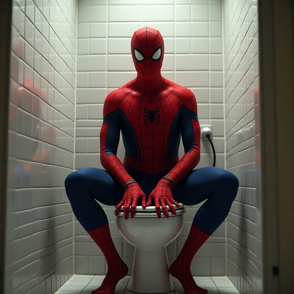 Spider-Man is sitting on a toilet wearing his iconic red and blue suit. The scene has bright lights creating a clean environment. The image captures a humorous moment in a mundane setting.