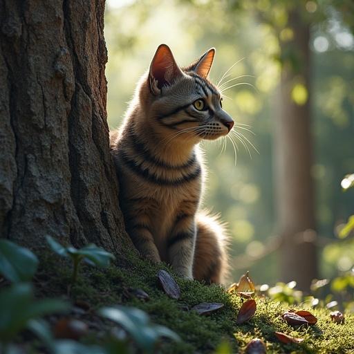 A profile view of a tabby cat sitting next to a tree. The background includes trees with soft sunlight. The ground is covered in green moss and scattered leaves. The cat has pronounced stripes and an attentive expression.