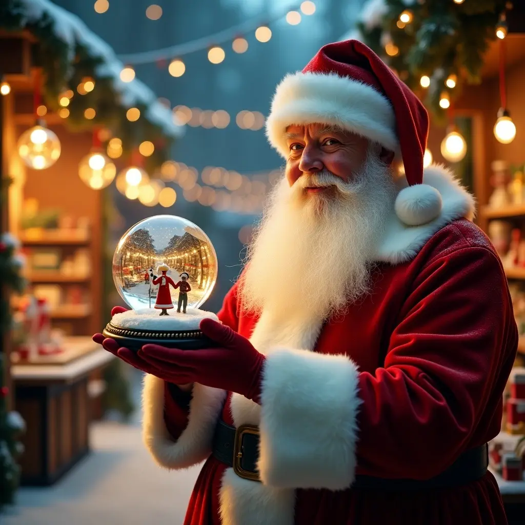 Santa Claus wears a red and white suit. Santa holds a snow globe. The snow globe shows a festive toy shop. The toy shop is decorated with glowing lights. The scene is set during Christmas.