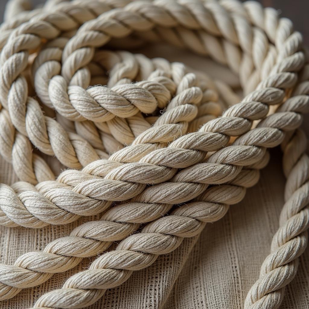 This image features a close-up view of a coiled rope arranged in spiral shapes atop a soft fabric background. The rope is made of natural fibers, showcasing a light beige color that complements the fabric. The textures of the rope and fabric are highlighted in soft, natural lighting, enhancing their visual appeal. The image captures the intricate details of the twisted strands of the rope, making it a perfect addition to articles about crafts or home decor. Its subtle colors and textures invite a sense of warmth and coziness.