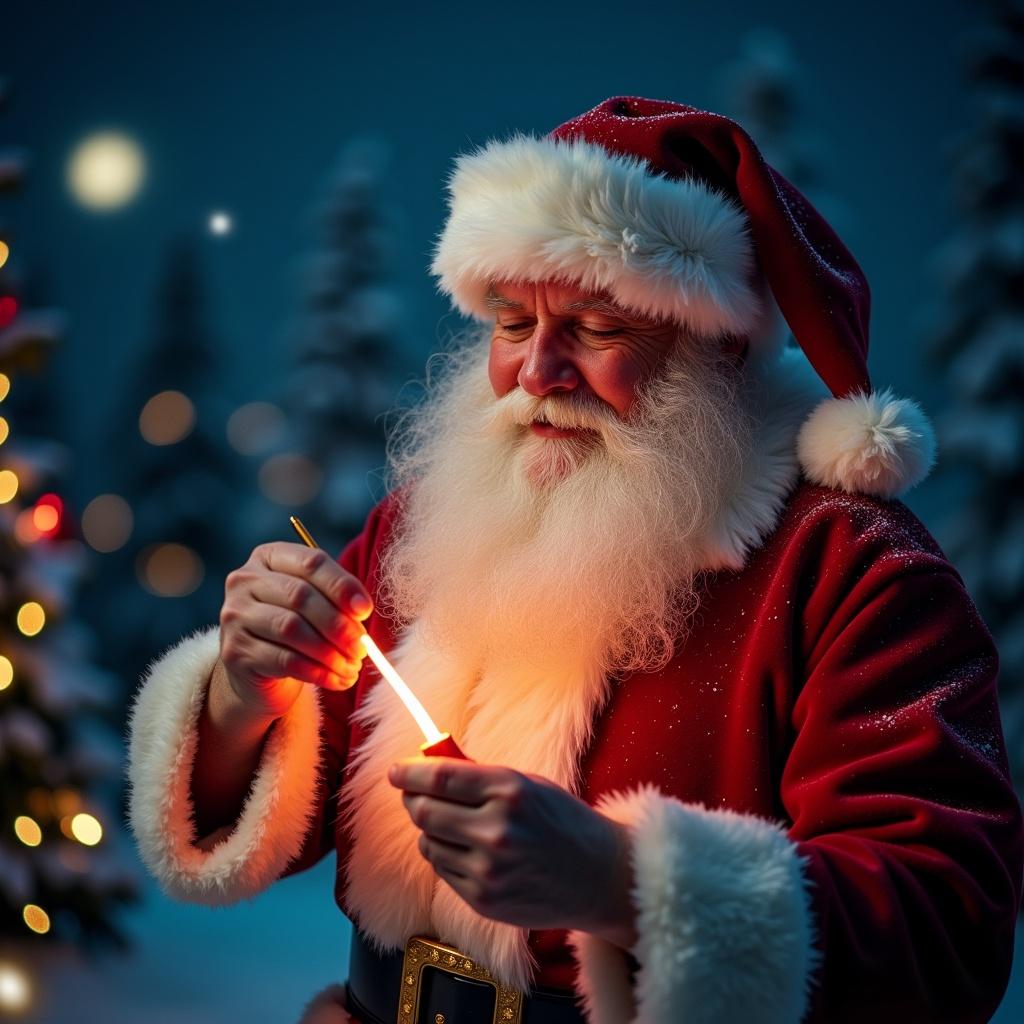 Magical Christmas scene featuring Santa Claus. Santa is writing the name 'askarton' with a glow stick. The atmosphere is festive and joyful.