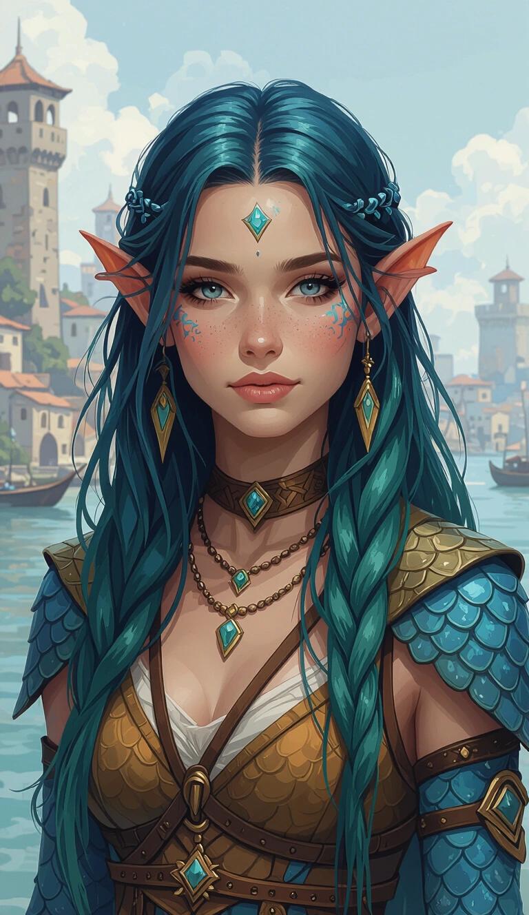 Acrylic-painted illustration displays a young druidic character. Character features sharp finned ears and possesses blue scaled skin. Background shows a harsh Ancient-Therosian-Fantasy port city. Clothing is reminiscent of Theros-Fantasy designs. Hair is long and slicked back in green-blue shades.