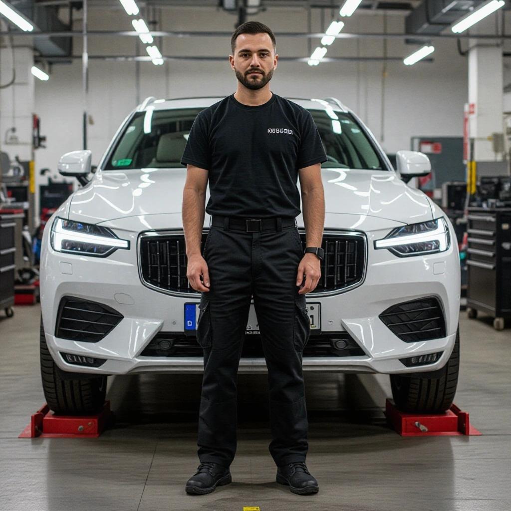 A mechanic stands in front of a white car in an automotive repair shop. The environment looks clean and organized. The mechanic wears a black shirt and dark pants, appears confident and ready to work.