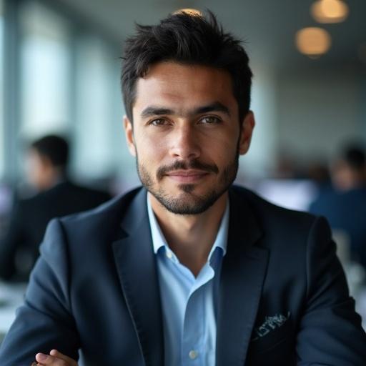 Colombian computer engineer shows his face wearing a suit in a corporate setting. He has very short hair about 2 to 3 centimeters.