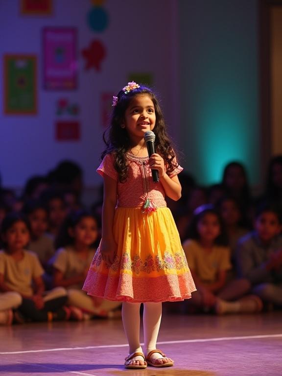 Young Indian girl confidently stands on a well-lit stage. She elegantly dressed in a colorful outfit. Holding a microphone while reciting a poem. Audience of attentive children sit in the background. Soft stage lighting enhances the atmosphere. Image is professional and captures the elegance and innocence of the moment. High resolution with sharp focus.