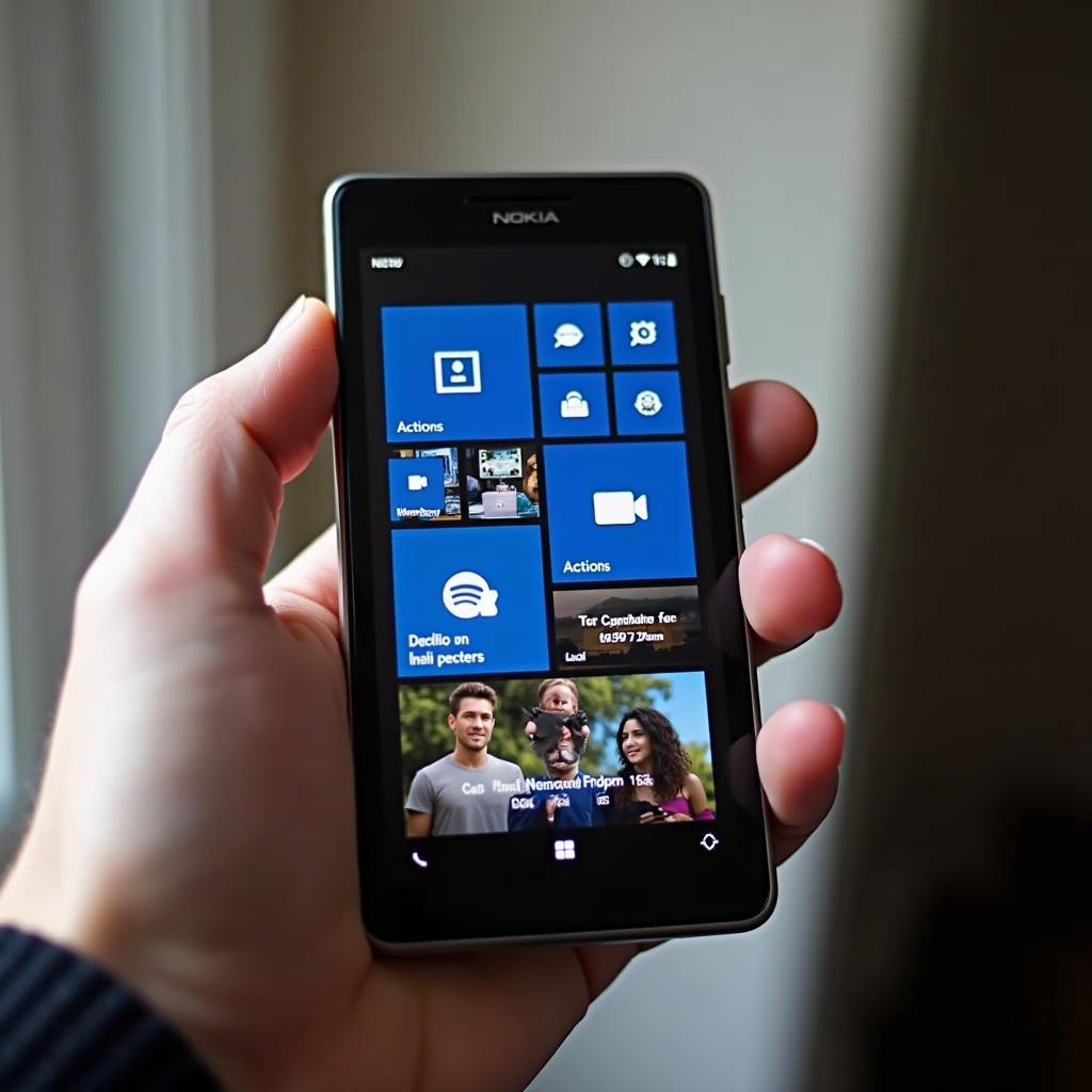 Close-up detail of a hand holding a Nokia Lumia 1520. The screen displays various app icons. The focus is on the smartphone and the hand. Natural light enhances the view of the device. Provide a glimpse of the contemporary mobile experience.