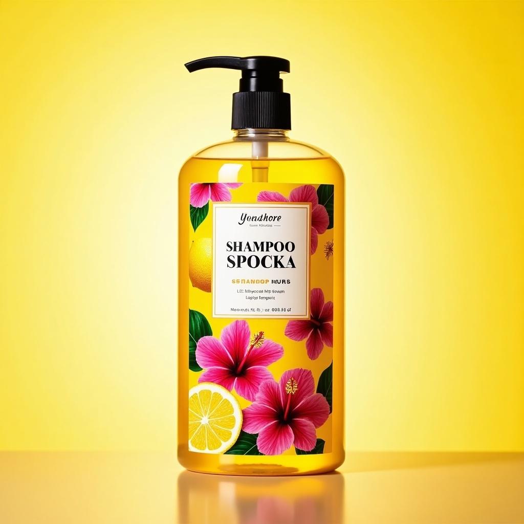 This is a colorful shampoo label featuring hibiscus flowers and lemon slices. The design showcases a large shampoo bottle, prominently labeled 'SHAMPOO SPOCKA'. The bottle is designed for a 1-liter capacity and highlights the floral and citrus elements. The background is a bright yellow, enhancing the vibrancy of the flowers. This design aims to attract attention on retail shelves, emphasizing natural beauty ingredients.