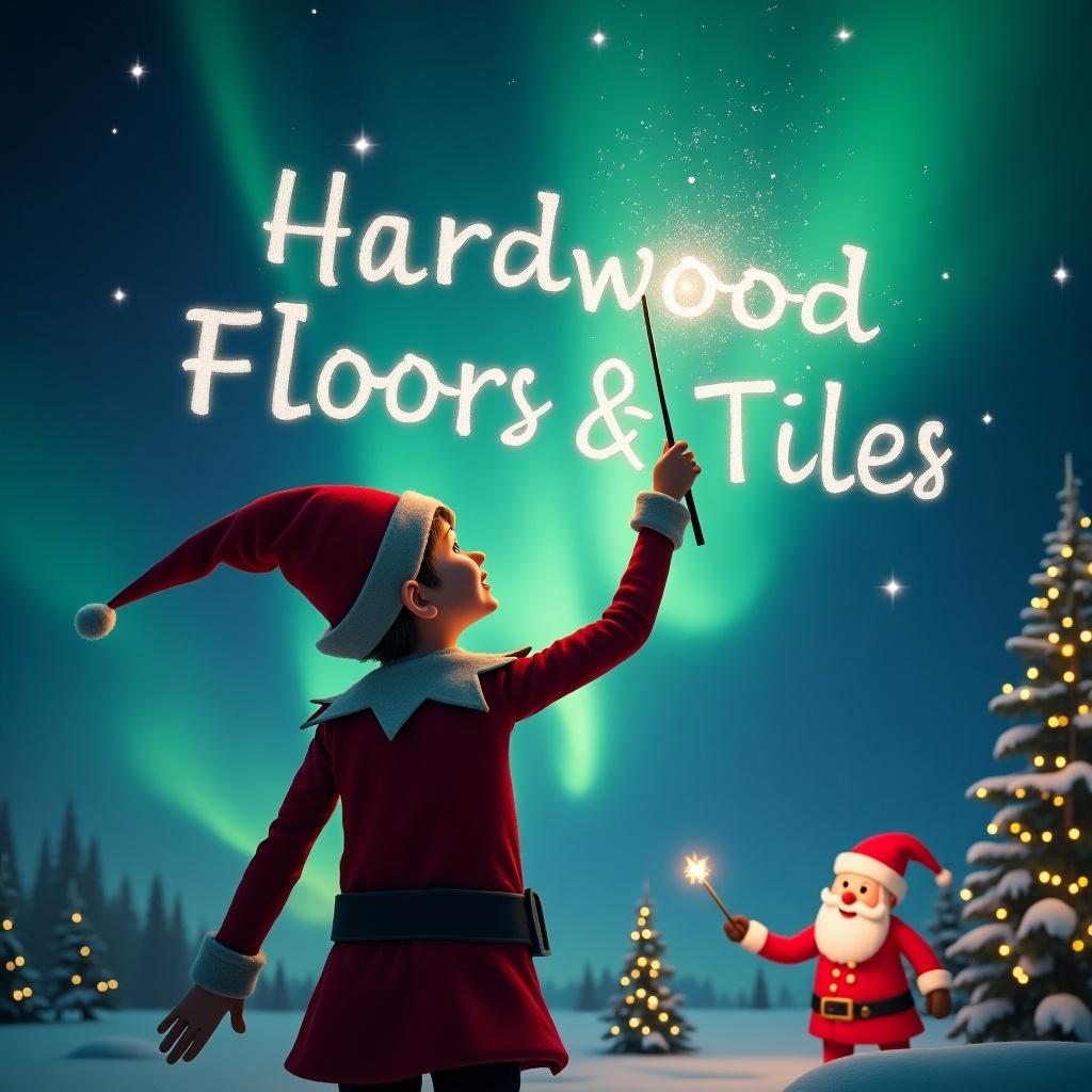 Elf facing a magical sky. Using a wand to write names in the air. Northern lights and Santa are in the background. Names are 'Hardwood Floors and Tiles'.