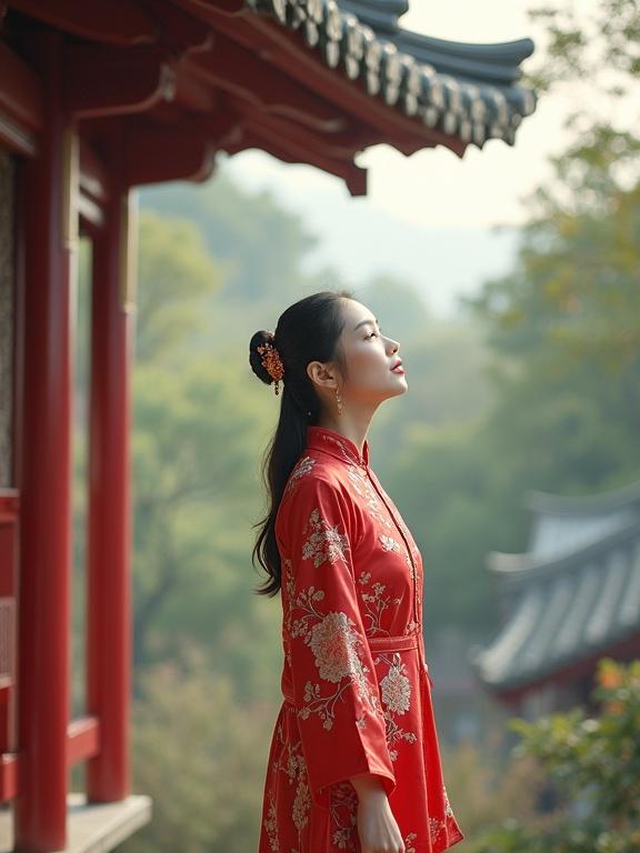 Woman wearing Chinese-style dress stands under a house roof. She raises her head toward the sky. Soft natural light surrounds her and a traditional structure is in the background.