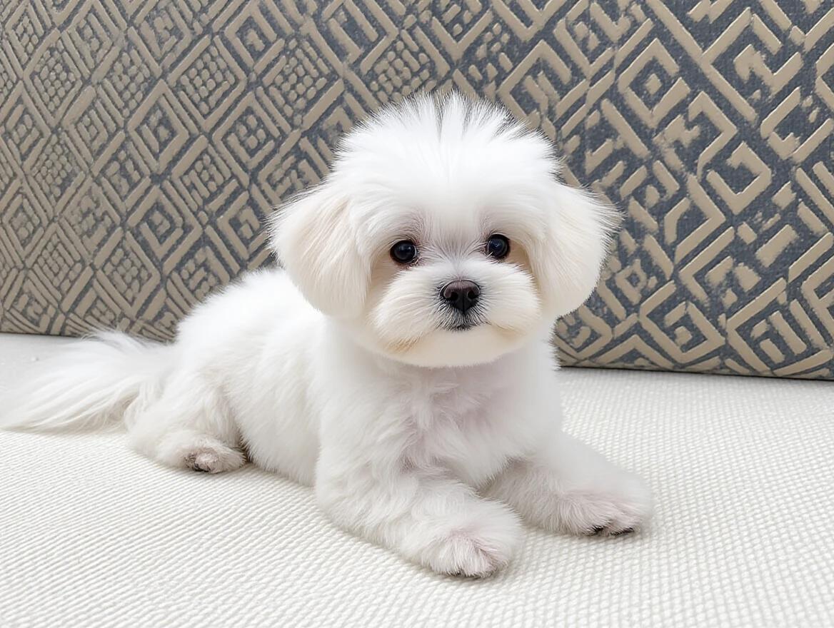 A small white fluffy puppy is laying down on a light-colored surface. The puppy has round eyes and an expressive face. Background features an intricate patterned cushion.