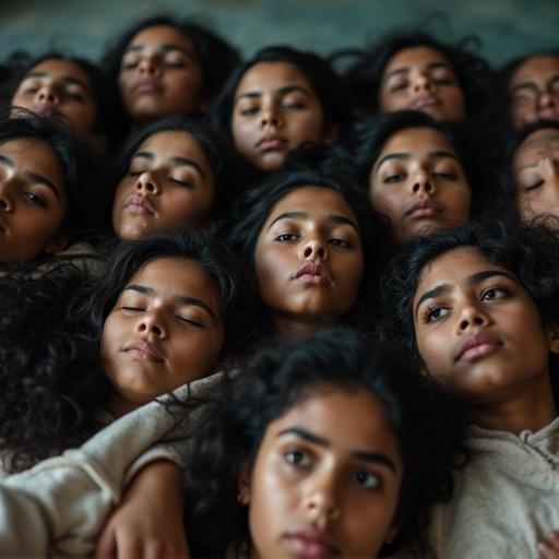 A group of numerous women and young teenage girls, all Scottish-Pakistani, having dark brown eyes, black hair, dark skin, full lips, and thick eyebrows. They lie on the floor with wide open eyes and mouths shut, displaying a lifeless look of determination.