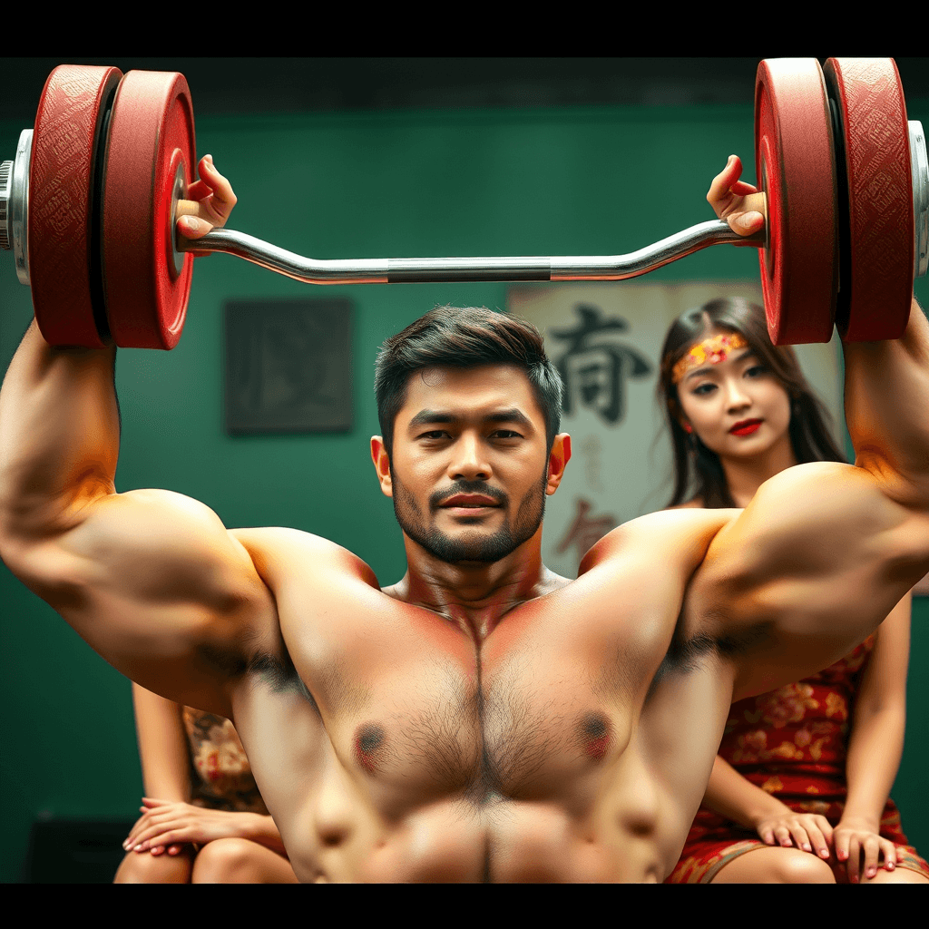 A muscular man is performing a shoulder press with a barbell, while a woman in traditional attire looks on with interest.