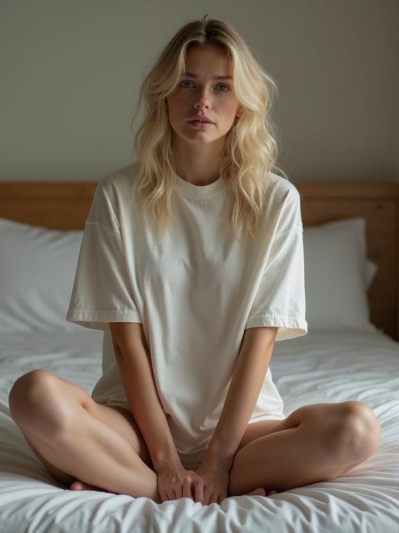 A blonde woman in an oversized tee sits on the edge of her bed. She is sitting cross-legged with a calm expression in a softly lit room.