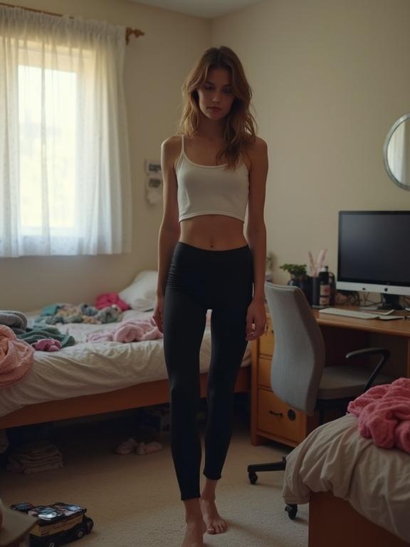 18 year old girl in messy bedroom wearing black leggings and white crop top. Unmade bed and clothes on the floor. Cluttered desk with casual unpolished vibe. Amateur photography with slight grain and real-life imperfections.