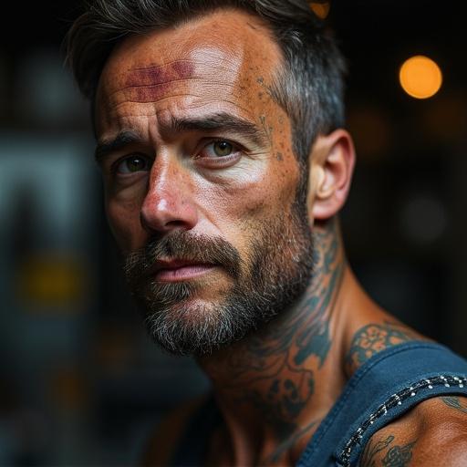 Close-up of a shipwright wearing oil-stained overalls. Tattoos visible on arms. Welding sparks illuminate features. Soft diffused lighting enhances textures. Captured at 24mm F5.6.