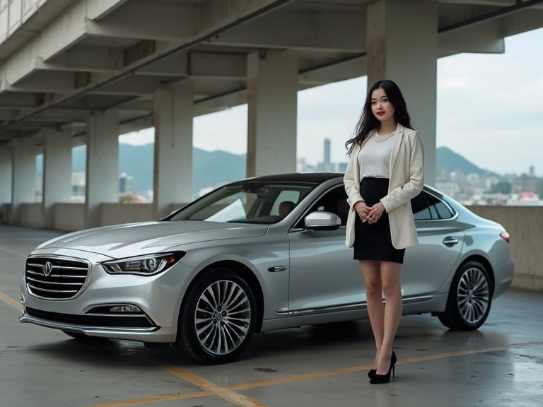 Full-body photorealistic image of a young car saleswoman standing confidently next to a silver estate car in a parking garage. She wears a crisp-white blouse, a black straight skirt, and a white blazer draped over her shoulders. She has sheer black pantyhose and black heels. Her long black hair flows over her shoulders. The atmosphere conveys style and luxury in broad daylight.