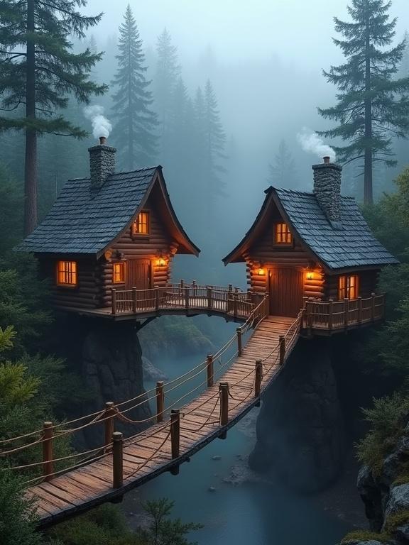 Whimsical scene with two log cabins in misty forest. Cabins connected by wooden suspension bridge. Dark brown logs steep pitched roofs. Gray shingled roofs and stone chimneys. Warm golden glow from windows. Smoke rises from chimneys. Cabins perched on stilts blend with trees. Wooden railings on small balconies. Suspension bridge made of wooden planks with rope railings. Lanterns emit soft yellow glow. Bridge curves gently over misty void. Dense forest surrounding with tall evergreen and deciduous trees. Ethereal mist cloaks foliage. Overall color palette includes brown, gray, green, yellow, and hints of blue.