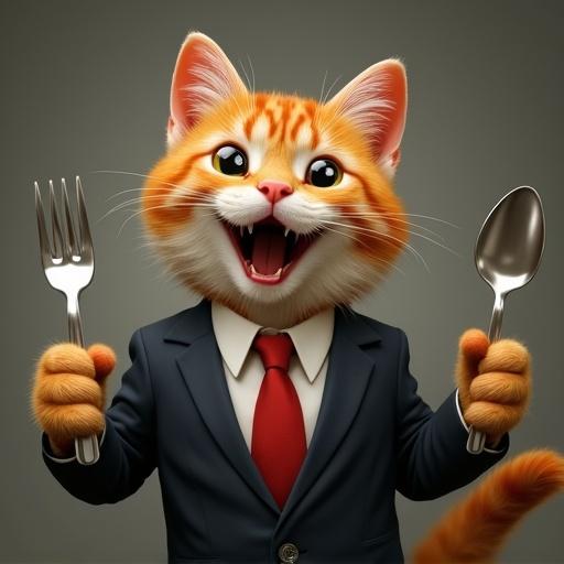 A semi-realistic cat dressed in a suit holds a fork and spoon. The cat looks excited with sparkling eyes and a happy smile.