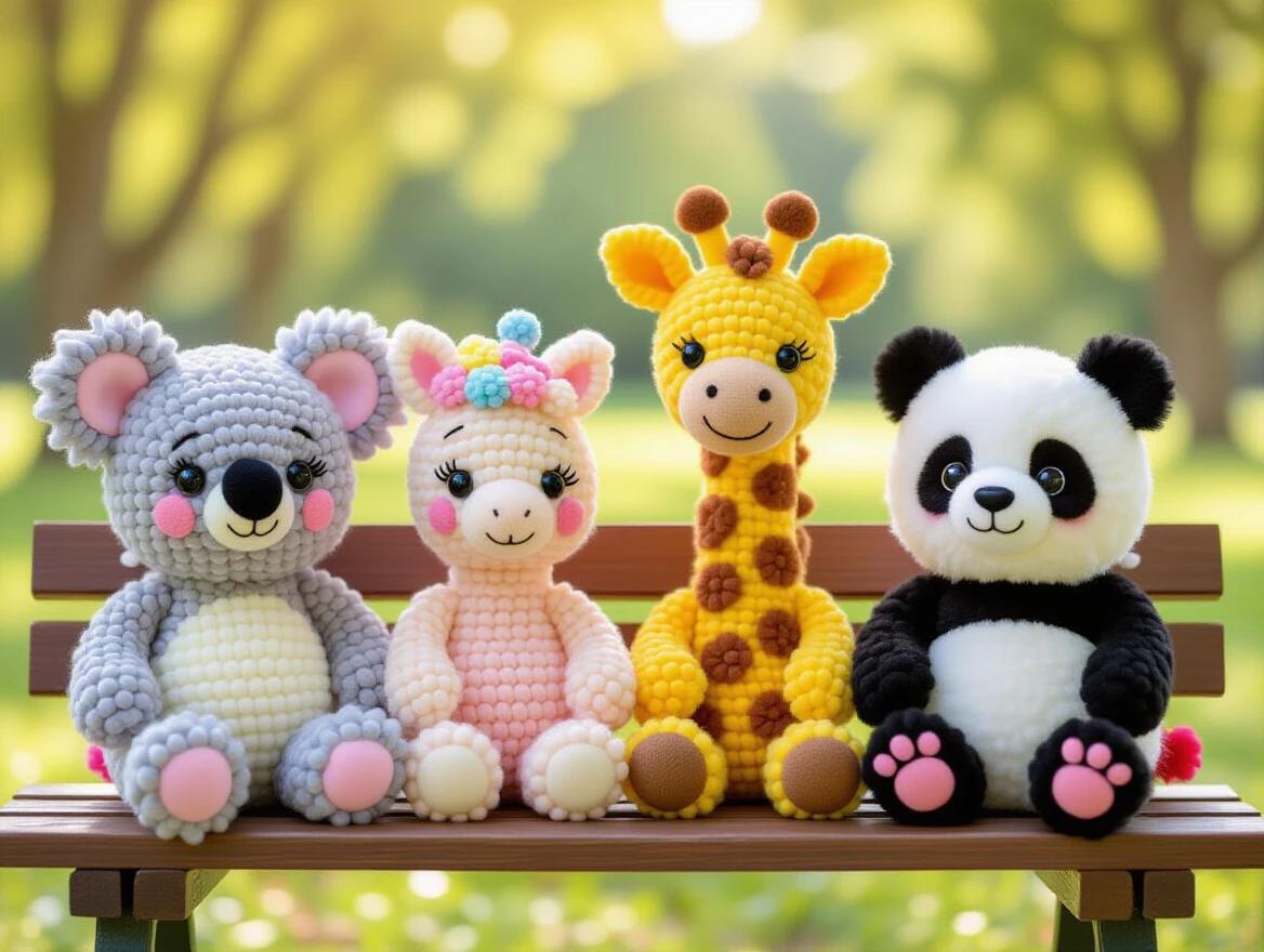 A group of cute handmade animals made of colorful yarn pom-poms. These include a koala, a giraffe, a pony, and a panda. Each animal has a unique design with bead eyes and felt ears. They are positioned on a cozy bench in a park setting. The scene is cheerful and whimsical with a soft ethereal background.