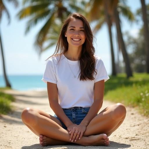 A woman sits cross-legged on a sandy path near the beach. She is surrounded by tall palm trees. She wears a white crew neck T-shirt and denim shorts. She has a cheerful expression while enjoying the sunny day.