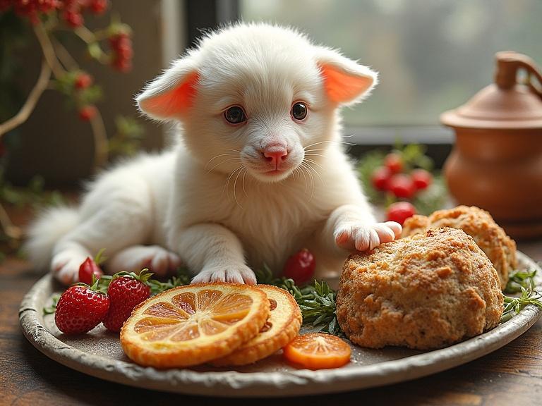 A white puppy interacts with food items like strawberries and biscuits. The setting is warm and inviting, showcasing sunlight filtering through the background. The composition highlights the puppy's curiosity and the aesthetic appeal of the food. Soft colors create a cheerful ambiance.
