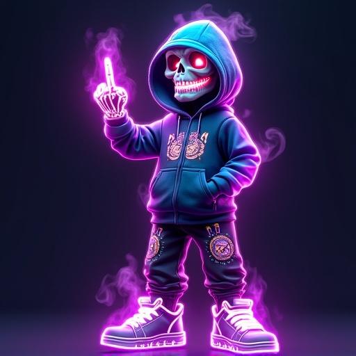 3D render of a rebellious cartoon skeleton in neon streetwear. One hand raised with a middle finger. Surrounded by violet and cyan flames. Wears a futuristic hoodie with graffiti prints. Glowing sneakers and dark joggers with runes. Skull face with neon glow, cracks, and vapor. Stylized in vibrant cyberpunk colors with cinematic lighting. Hyper-realistic textures, reflections on the hoodie. Dramatic shadows on a dark background.