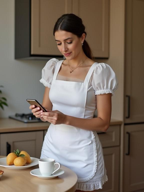 Cellphone photo of a woman in maid uniform standing in a kitchen. She is checking her phone while surrounded by kitchen decor. The style is contemporary and chic, showcasing a clean and organized environment.