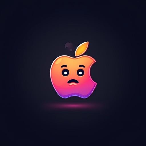 Stylized apple emoji with sad expression on dark background. The design is vibrant and colorful with glowing effects. Represents themes of tech and app development. Suitable for branding materials for app naming.