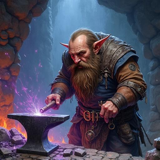 Malevolent dwarf near anvil, hammering steel. Purple aura glows. Darkforge cave setting. Expressive and twisted form. Mysterious atmosphere.
