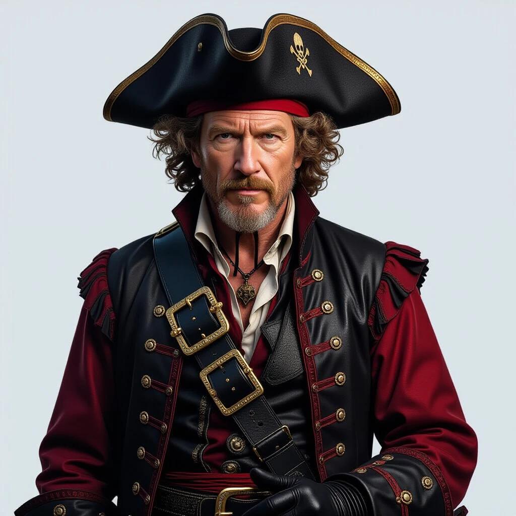 Character dressed as a pirate wearing a black hat with a skull emblem. The outfit combines black and crimson colors with intricate designs. Accessories include a belt, a sword, and gloves. The overall look portrays a classic pirate theme in vibrant detail.