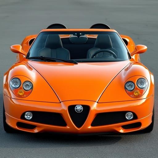 2002 Stratos Tempest sports car in Inferno Orange color with a sleek design. Features include a wide mesh grille, retractable hardtop, functional brake cooling ducts, double-bubble roof, turbine taillights, and polished titanium dual exhausts. Captured from a frontal perspective under bright lighting.