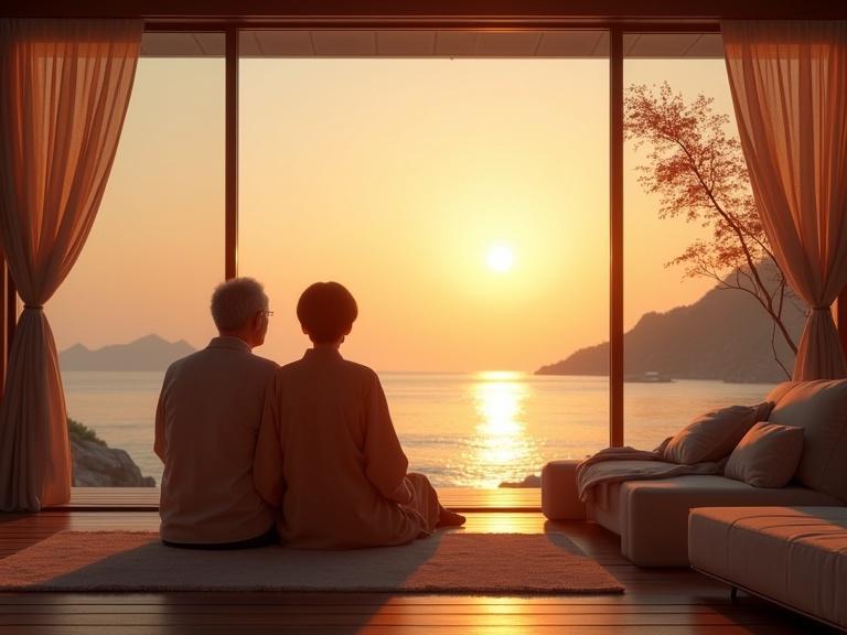 Elderly husband and wife enjoy sunset view inside futuristic island hotel resort. They sit together on a comfortable floor space, gazing peacefully outside through large glass windows.