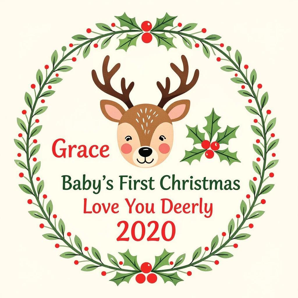 Watercolor design features a reindeer head with antlers and a red nose. Green holly and berries accent the design. Circular frame made of green leaves and red dots surrounds the reindeer. Text is friendly and easy to read. Main text is 'Grace' followed by 'Baby's First Christmas', 'Love You Deerly' and '2020'. Color scheme uses white background, shades of brown, dark green, and vibrant red. Style is clean and charming, suitable for babies.