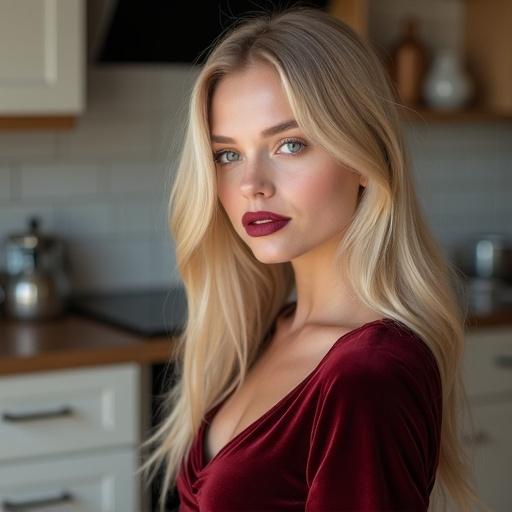 Young model with long creamy blonde hair wears a burgundy velvet dress. Glossy burgundy lipstick on lips. Blue eyes with stunning makeup. Natural posing standing in a kitchen setting.