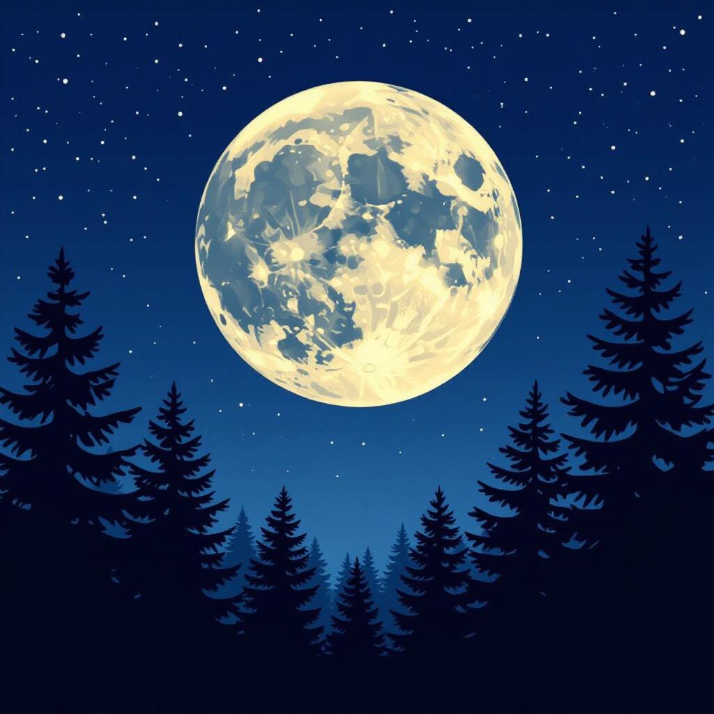 A full moon shines brightly in the night sky. A dark blue backdrop filled with stars surrounds it. A dense pine forest is silhouetted against the light. The moon is the focal point of the image. The comic book style adds a playful charm.