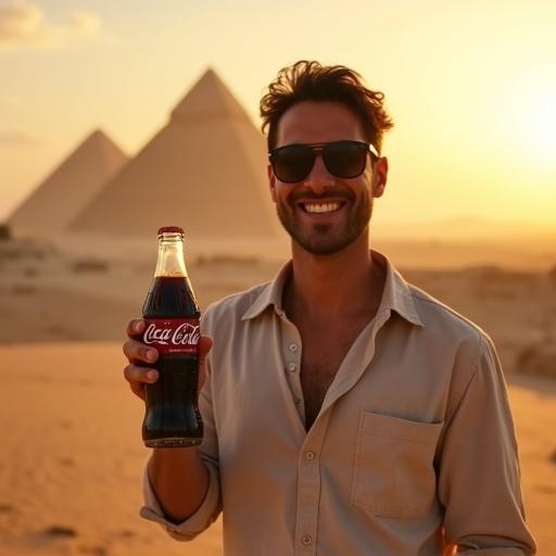 Charismatic man holding Coca-Cola bottle in front of Great Pyramids of Giza during golden hour. Smiling confidently, wearing casual modern clothes with Egyptian flair. Bottle glistens with condensation. Iconic pyramids rise under desert sky. Vibrant scene filled with cultural pride. Dust swirls in warm breeze. Shot on 35mm lens, shallow depth of field.