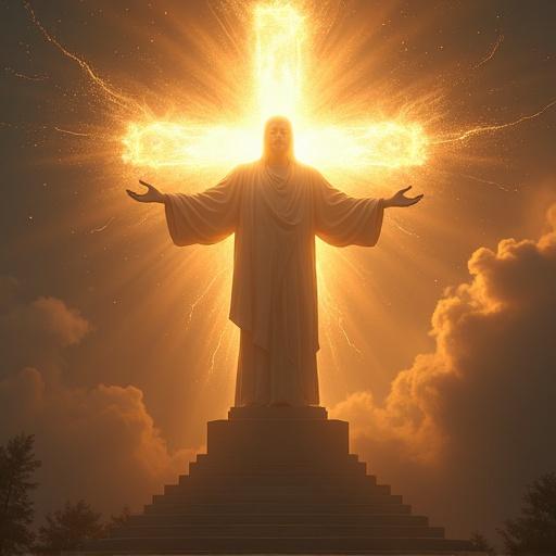 Divine Judgment figure stands tall surrounded by glowing cross and heavenly skies. A bright light radiates from the figure creating a serene and uplifting atmosphere.