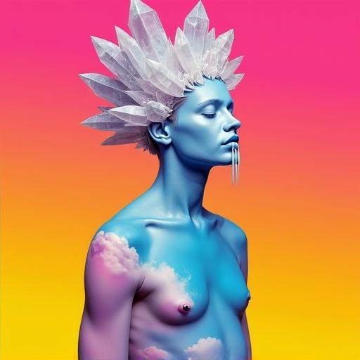 Striking surrealist digital art piece features central figure against vibrant color-gradient background. Figure depicted from chest up in three-quarter turn has fantastical characteristics. Headdress made of large, translucent quartz crystals fanned like a crown. Figure's face in unnatural colors with white eyes weeping thick liquid. Body displays vivid skyscape with pink and purple sky. One hand in pale yellow rests on opposite shoulder. Background has smooth gradient from deep pink to bright yellow.