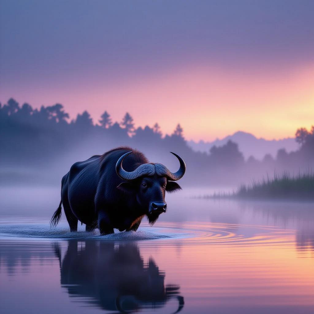 Close-up shot shows wild water buffalo. The buffalo stands in a foggy evening lake. Professional photography displays vibrant deep colors.