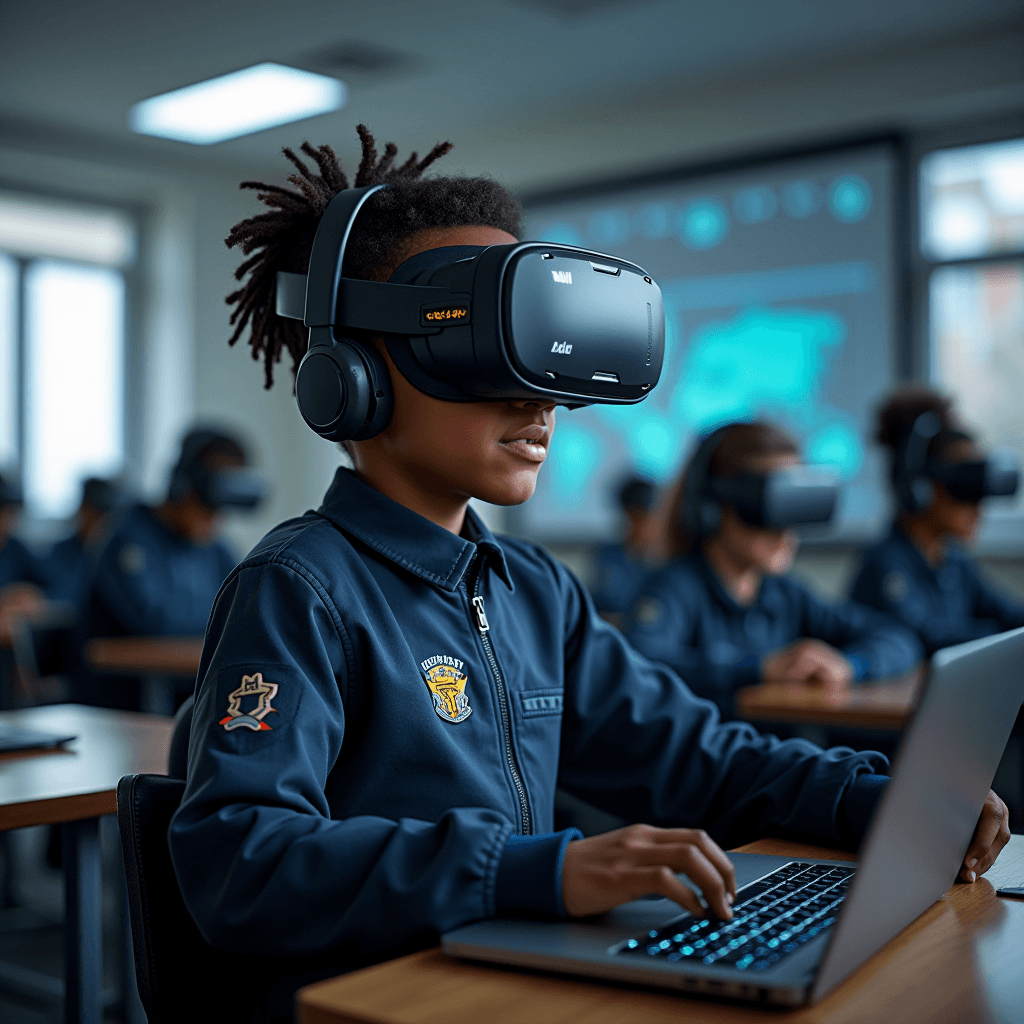 Students wearing VR headsets are engaged in a classroom setting, using laptops to enhance their learning experience.