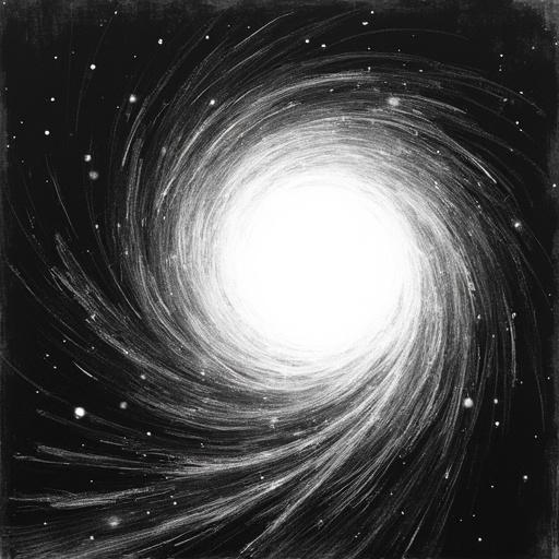 Black and white sketch image. Glowing spiral in space. Light distortion resembling a white hole. Abstract representation of cosmic phenomenon.