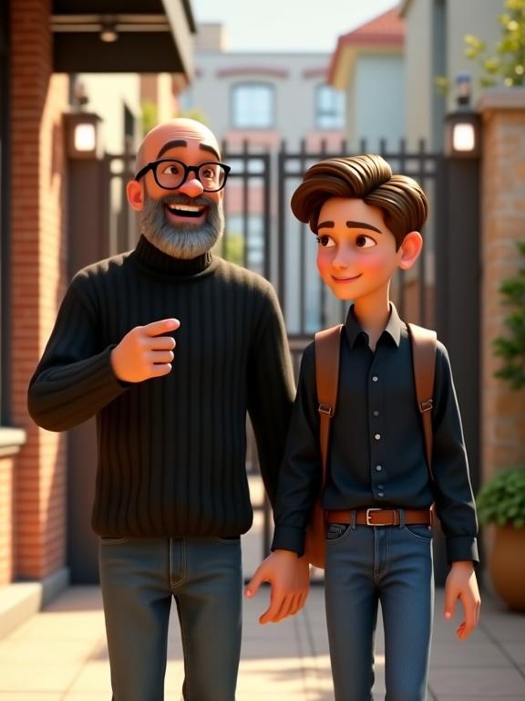 3D Pixar-style scene with a middle-aged man and a teenage boy. The man wears a black turtleneck sweater. The boy wears a navy shirt and fitted jeans. They walk side by side in a residential area with brick walls. The man laughs and points ahead. The boy smiles softly. Subtle motion suggests movement.