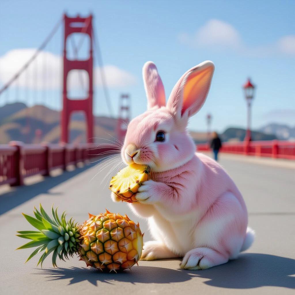 A pink rabbit sits on a bridge during daylight. It eats a slice of pineapple. The Golden Gate Bridge is visible in the background.