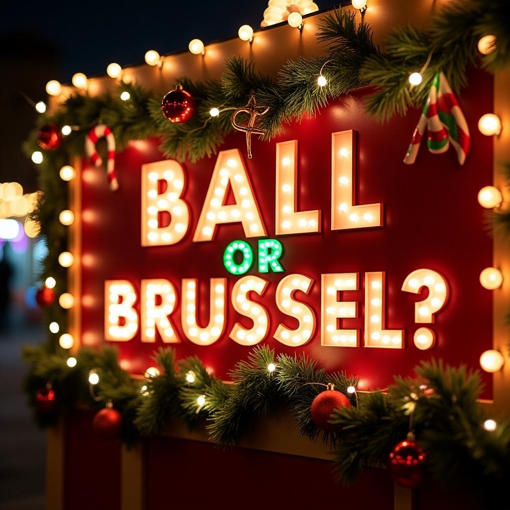 Vibrant Christmas fair stall banner for the game Ball or Brussel. Festive decorations include Christmas trees, ornaments, and a candy cane. Main text Ball or Brussel is bold and colorful. Soft, warm lights create a cozy holiday atmosphere. Spirit of festive fun suitable for holiday fair.