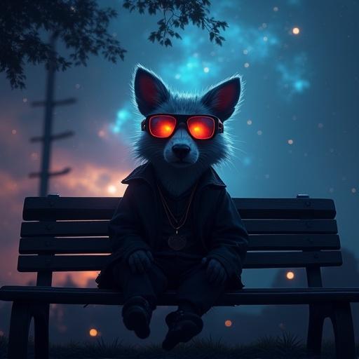 Dark scene featuring a cute dapper animal person seated on a park bench. This character wears futuristic sunglasses. Background showcases a nebula sky. Represents captivating music album cover art.